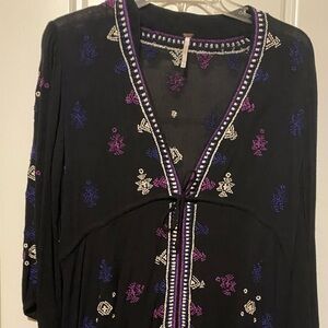 Black Embroidered Boho Tunic with Purple & White Accents